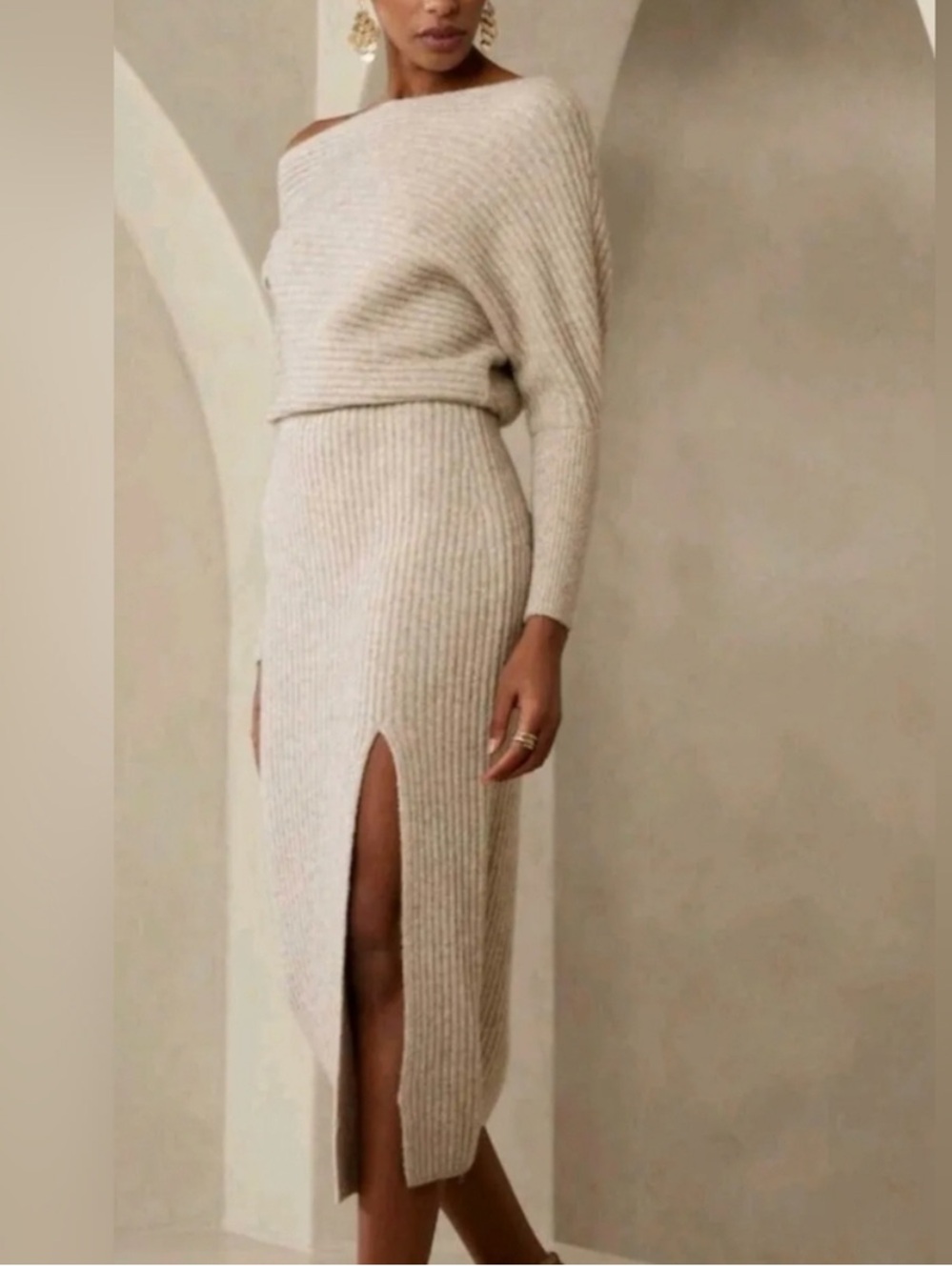 Banana Republic Cream Ribbed Knit Midi Dress with Side Slit (C)